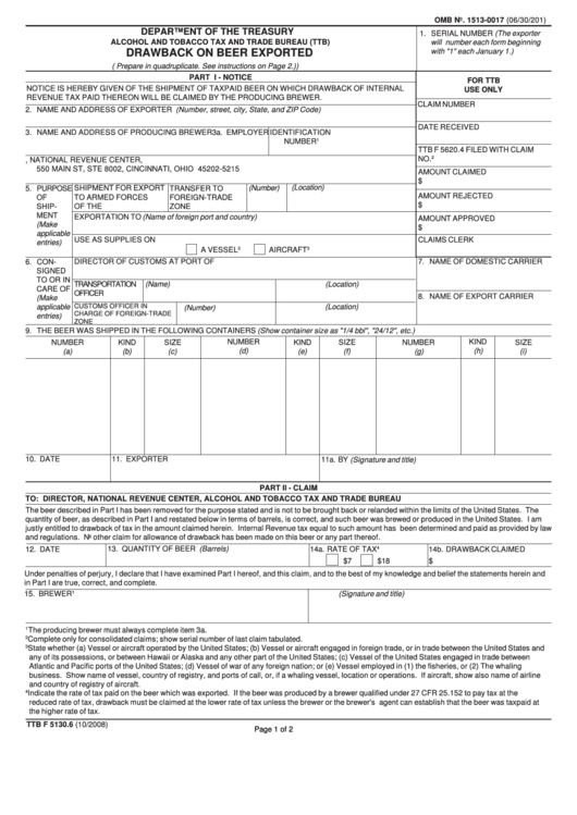 Fillable Form Ttb F 5130.6 - Drawback On Beer Exported - 2008 Printable pdf