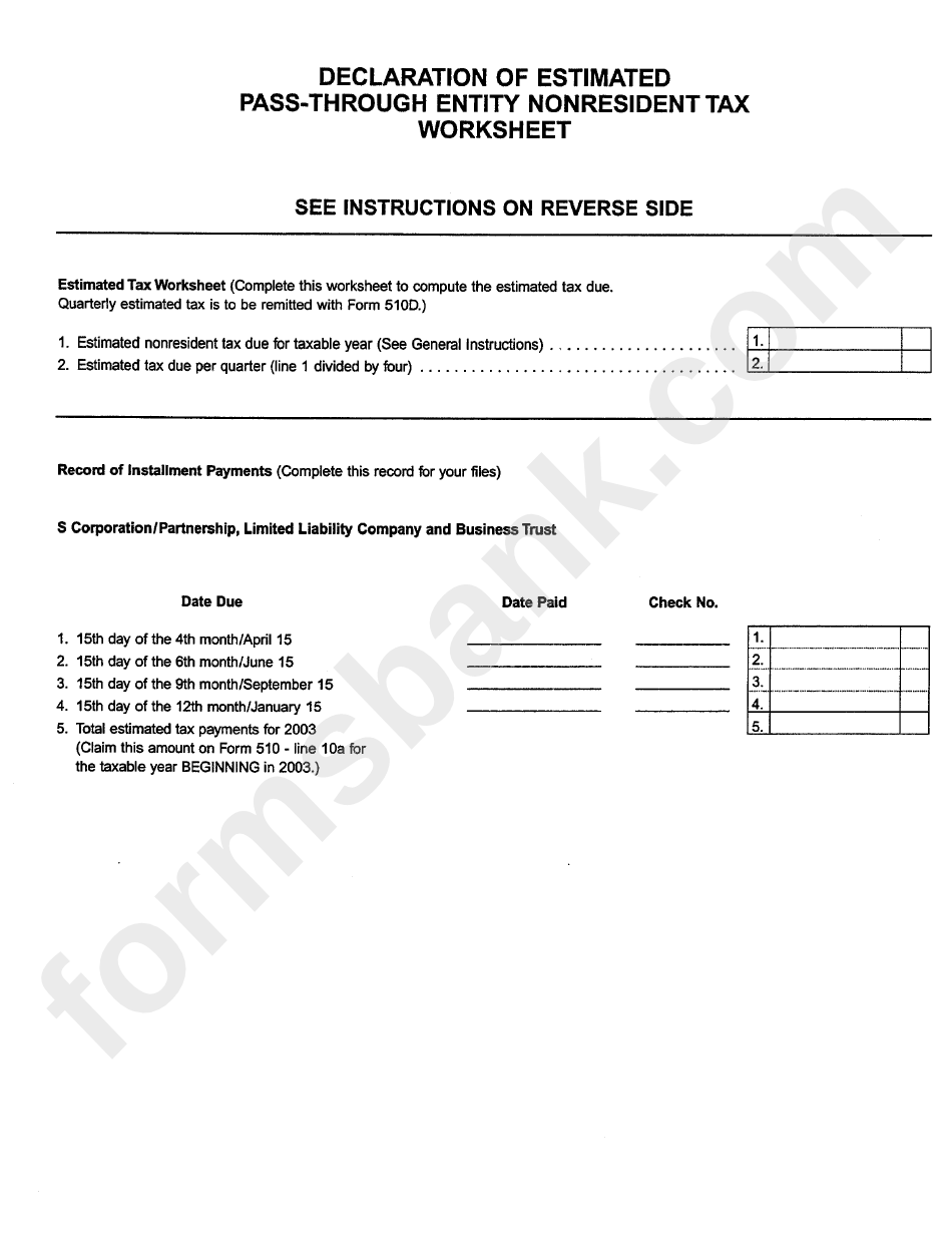 Maryland Form 510d - Declarations Of Estimated Pass-Through Nonresident Tax