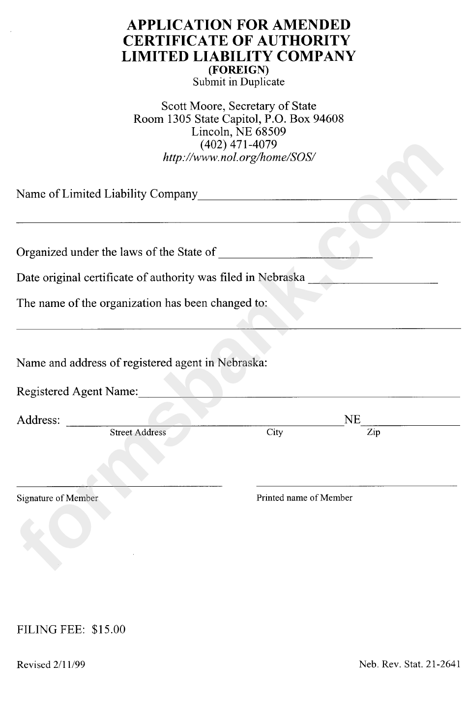 Application For Amended Certificate Of Authority - Foreign Limited Liability Company - Nebraska Secretary Of State