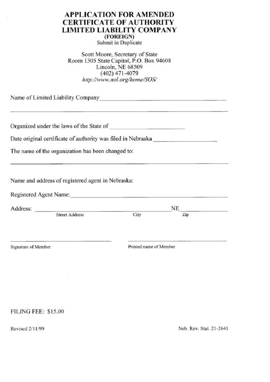 Application For Amended Certificate Of Authority - Foreign Limited Liability Company - Nebraska Secretary Of State Printable pdf