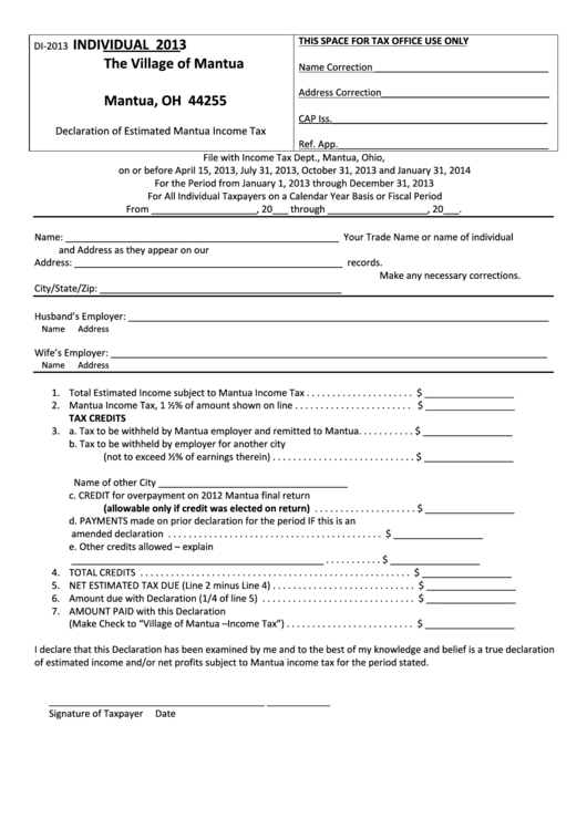 Form Di-2013 - Declaration Of Estimated Mantua Income Tax - 2013 Printable pdf
