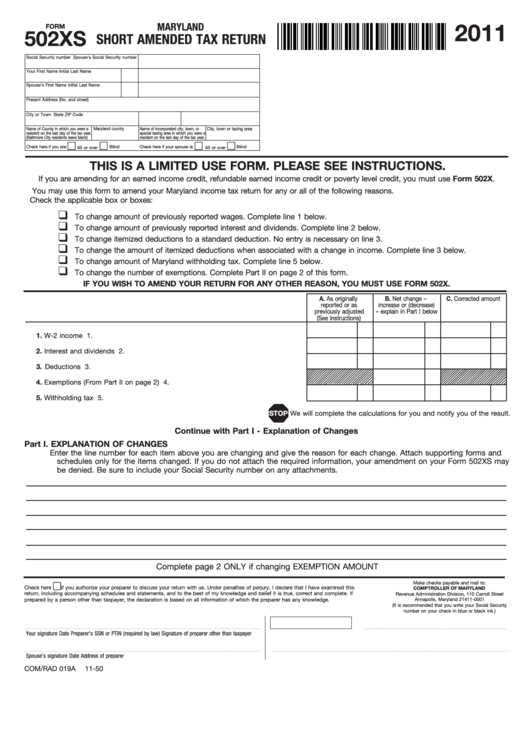 Fillable Form 502xs - Maryland Short Amended Tax Return - 2011 Printable pdf