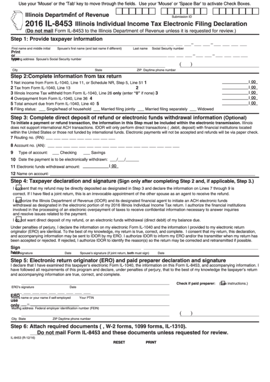 Fillable Form Il-8453 - Illinois Individual Income Tax Electronic Filing Declaration - 2016 Printable pdf