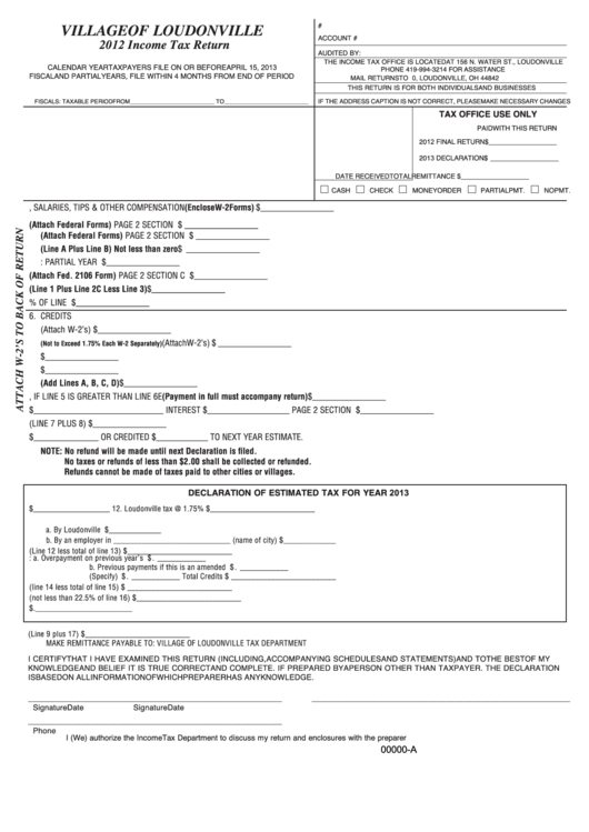 2012 Income Tax Return Form - Village Of Loudonville Printable pdf