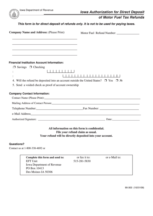 Form 90-303 - Iowa Authorization For Direct Deposit Of Motor Fuel Tax Refunds Printable pdf