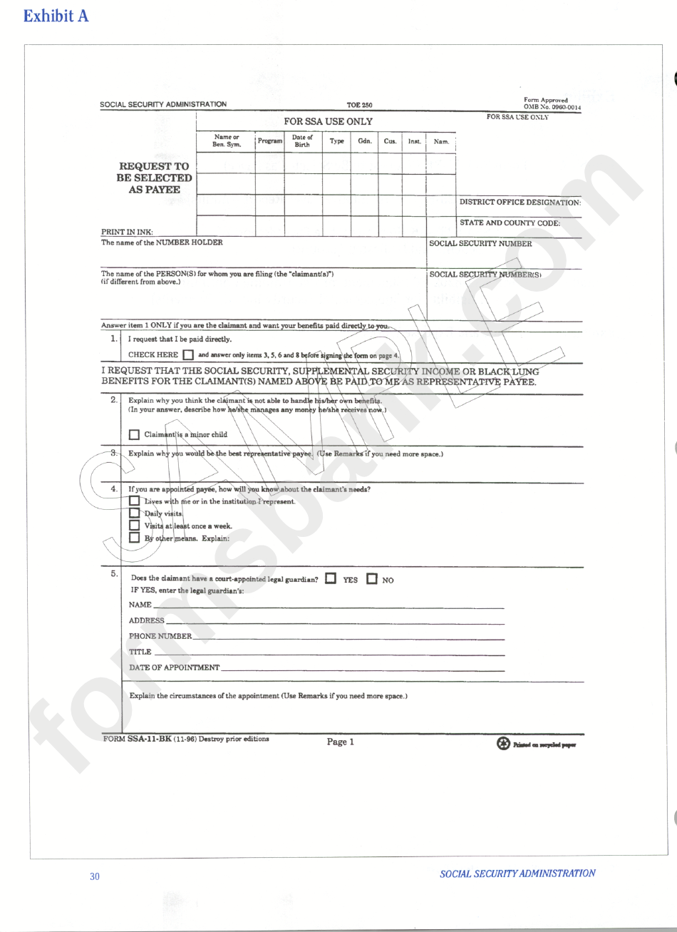 Form Ssa-11-Bk - Request To Be Selected As Payee - Social Security Administration