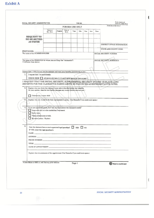 Form Ssa-11-Bk - Request To Be Selected As Payee - Social Security Administration Printable pdf