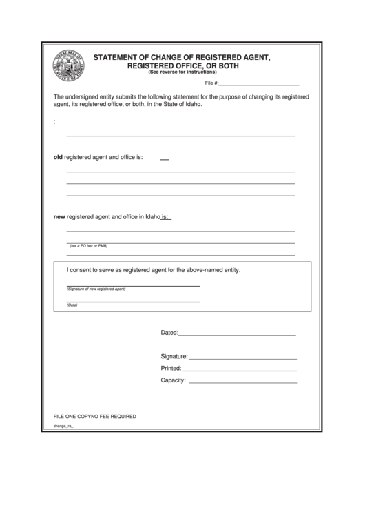 Statement Of Change Of Registered Agent, Registered Office, Or Both - Idaho Secretary Of State Printable pdf