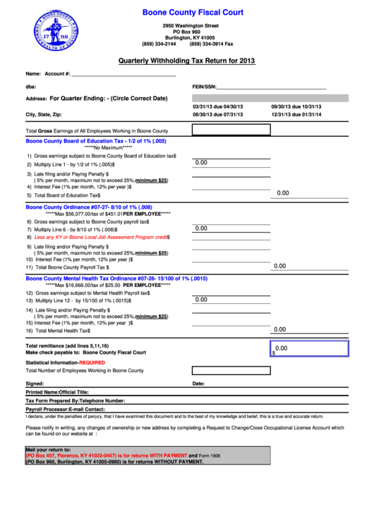 Fillable Form 1906 - Quarterly Withholding Tax Return - 2013 Printable pdf