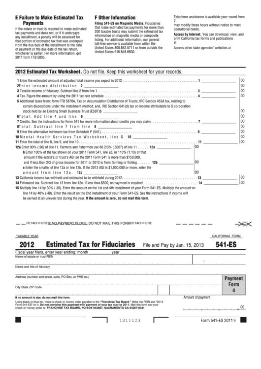 California Form 541-Es - Estimated Tax For Fiduciaries - 2012 Printable pdf