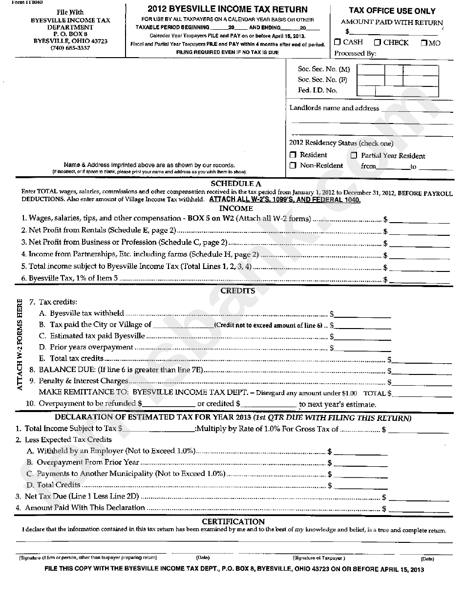 Form It 1040 - Byesville Income Tax Return - 2012