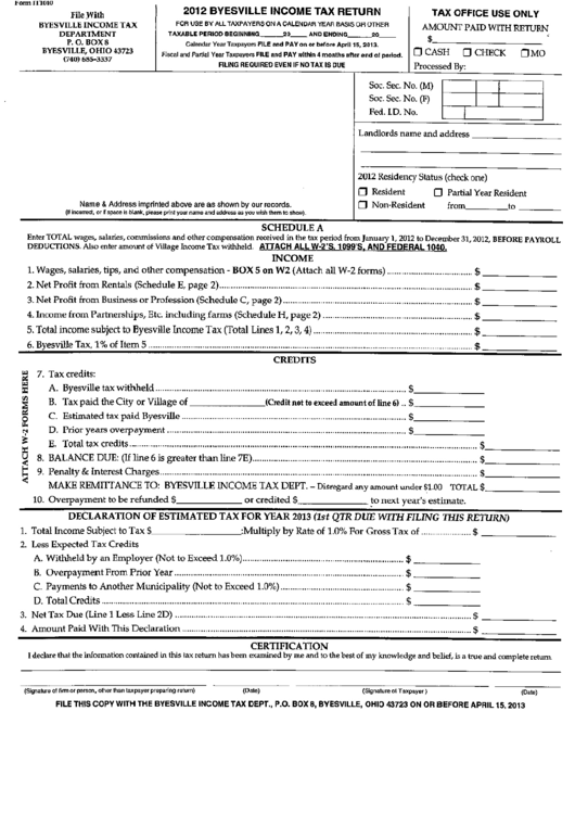 Form It 1040 - Byesville Income Tax Return - 2012 Printable pdf