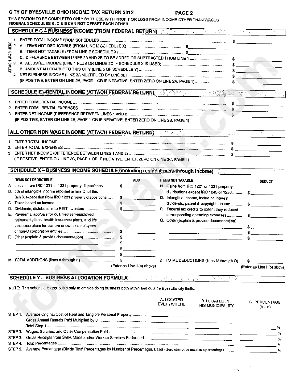 Form It 1040 - Byesville Income Tax Return - 2012