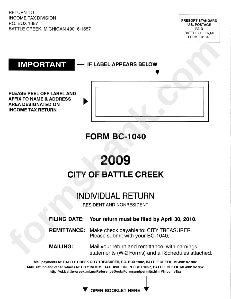 Instructions For Form Bc-1040 - Individual Return - City Of Battle Creek