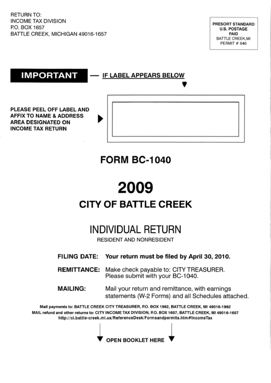 Instructions For Form Bc-1040 - Individual Return - City Of Battle Creek Printable pdf