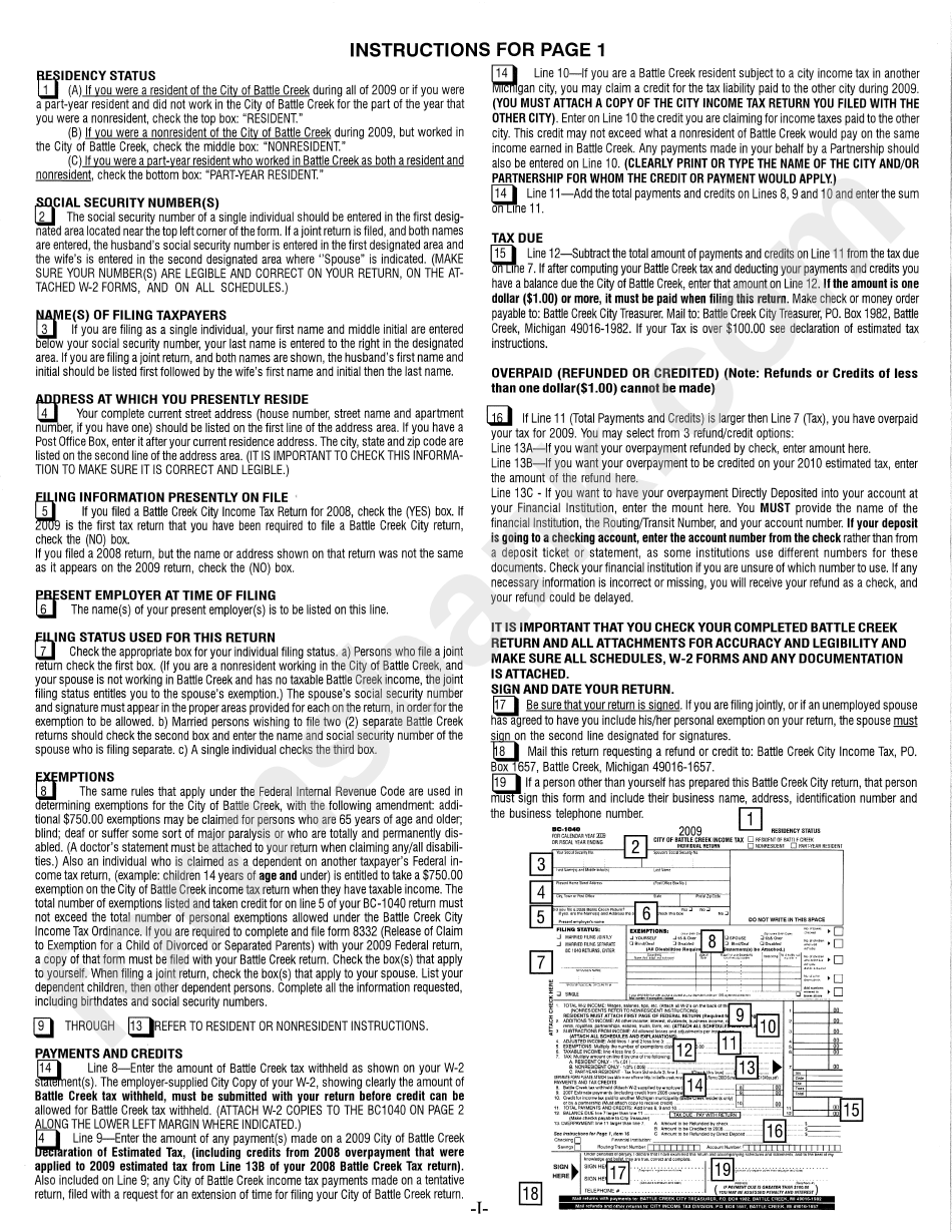 Instructions For Form Bc-1040 - Individual Return - City Of Battle Creek