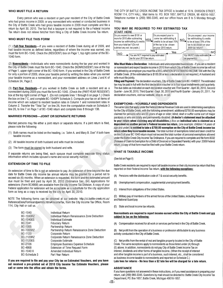 Instructions For Form Bc-1040 - Individual Return - City Of Battle Creek