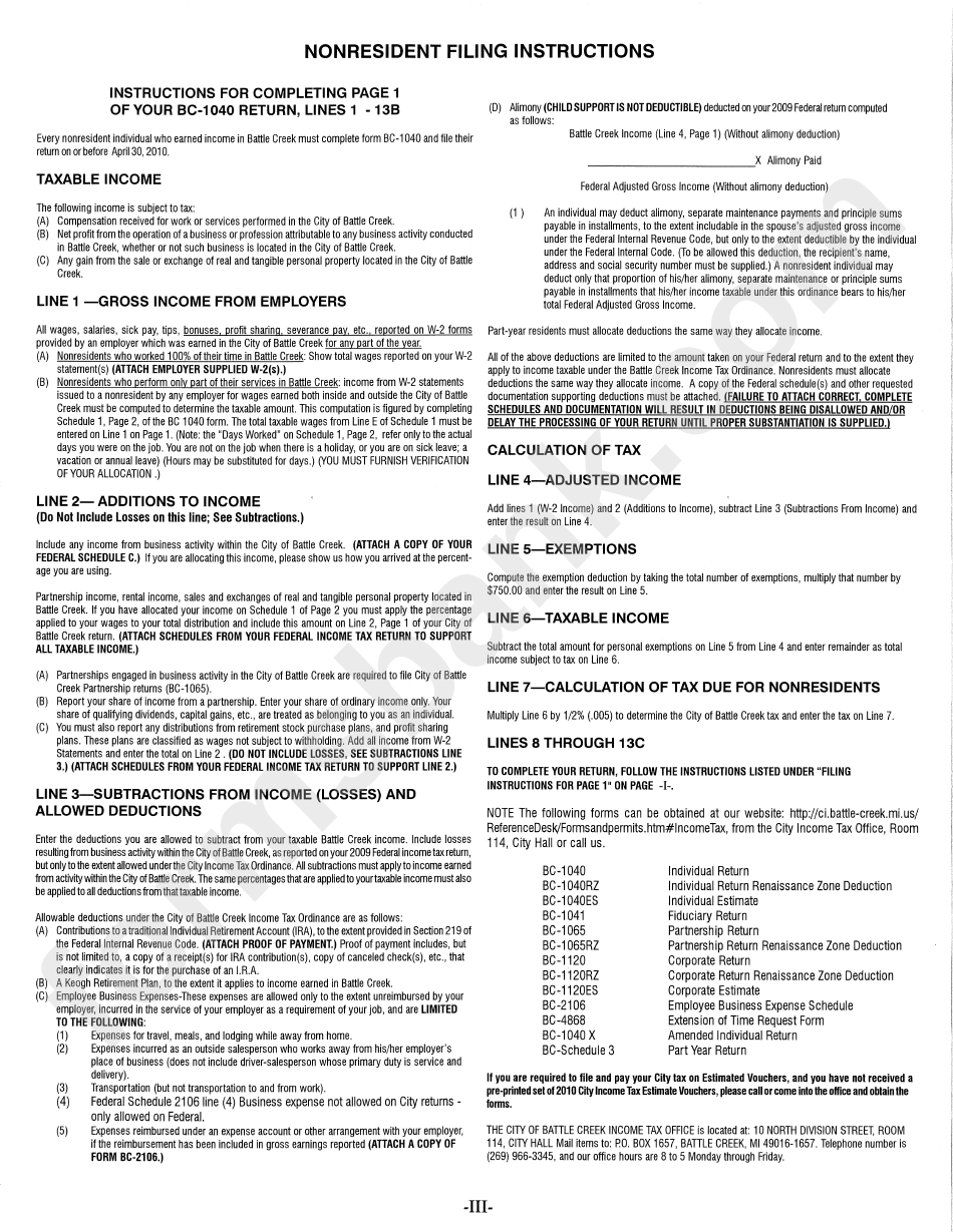 Instructions For Form Bc-1040 - Individual Return - City Of Battle Creek