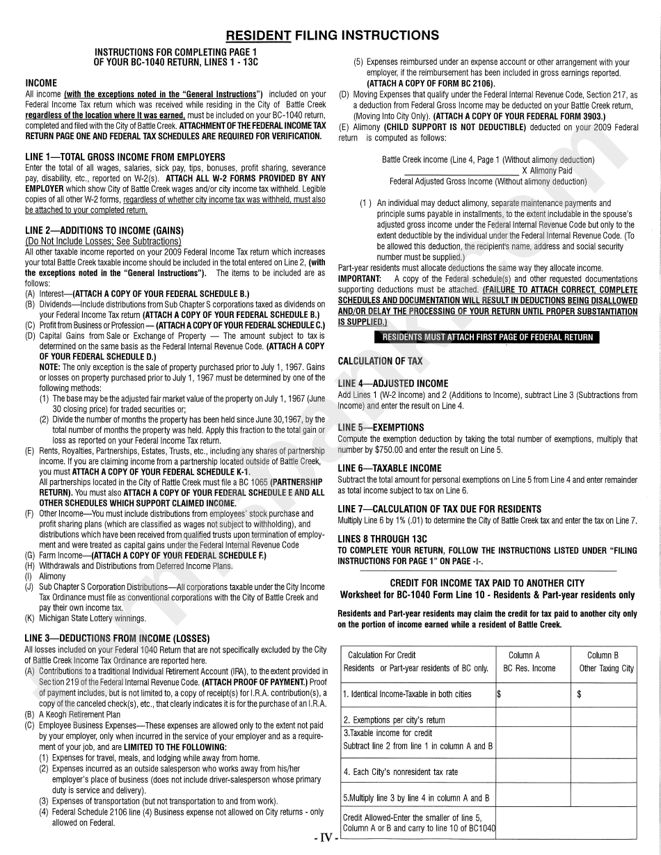 Instructions For Form Bc-1040 - Individual Return - City Of Battle Creek