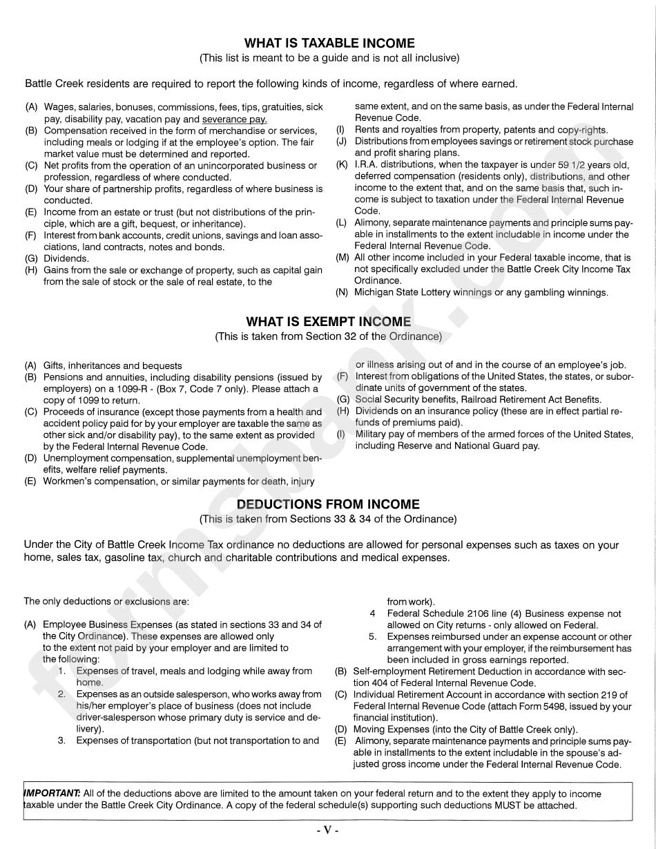 Instructions For Form Bc-1040 - Individual Return - City Of Battle Creek