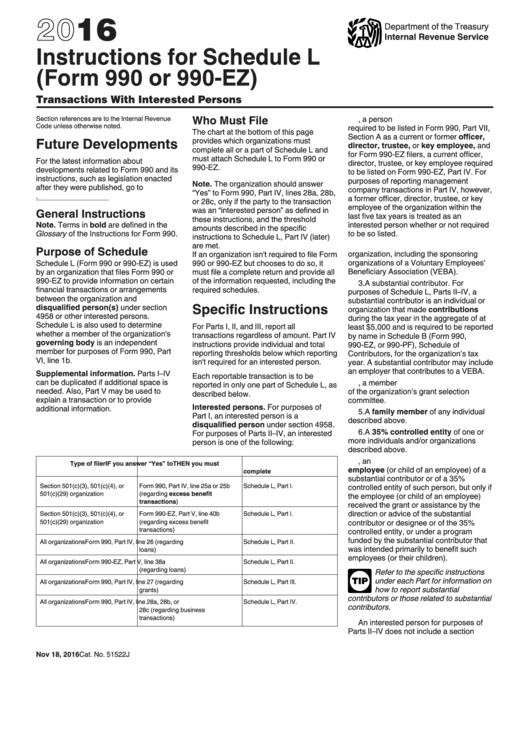 Instructions For Schedule L (Form 990 Or 990-Ez) - Transactions With Interested Persons - 2016 Printable pdf