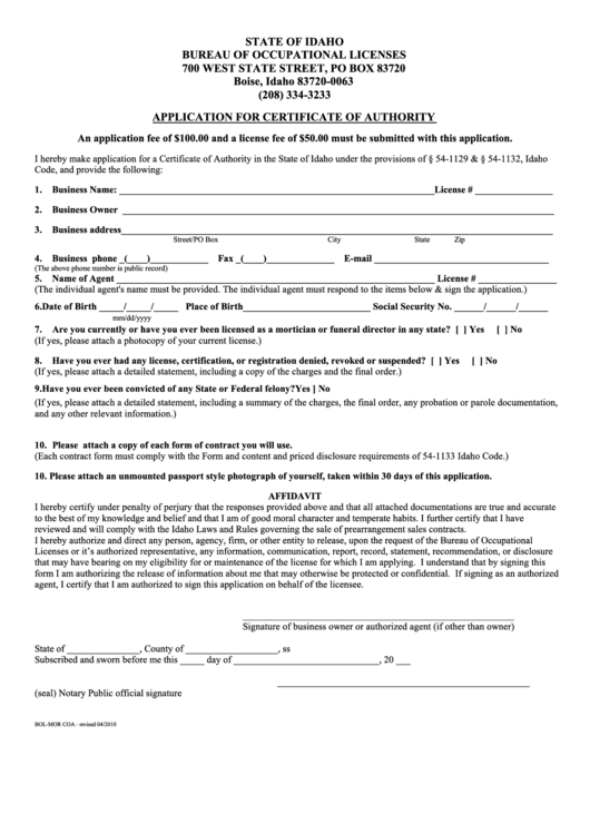 Fillable Form Bol-Mor Coa - Application For Certificate Of Authority Printable pdf