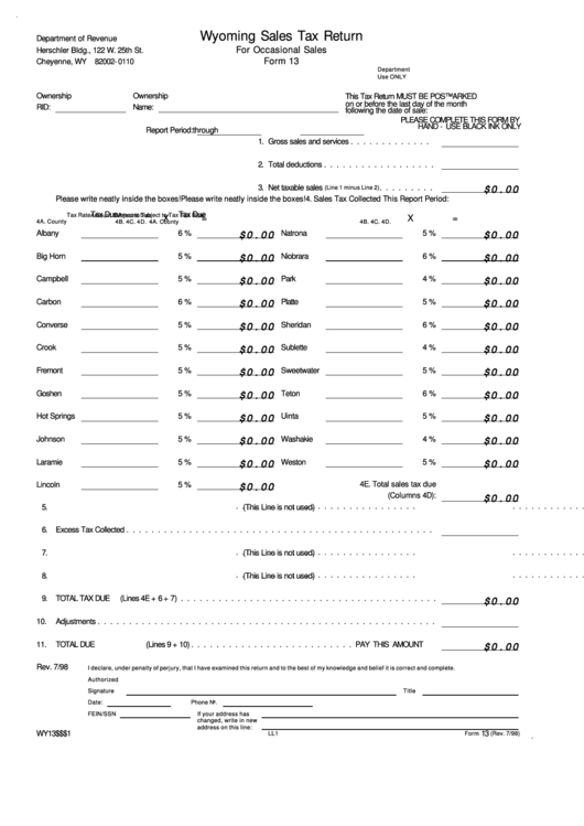 Form 13 - Wyoming Sales Tax Return For Occasional Sales - Wyoming Department Of Revenue Printable pdf