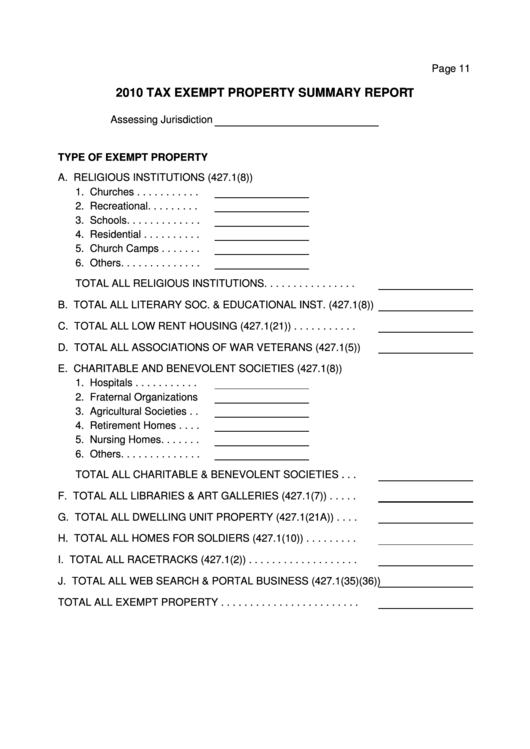 Tax Exempt Property Summary Report - Iowa Department Of Revenue - 2010 Printable pdf