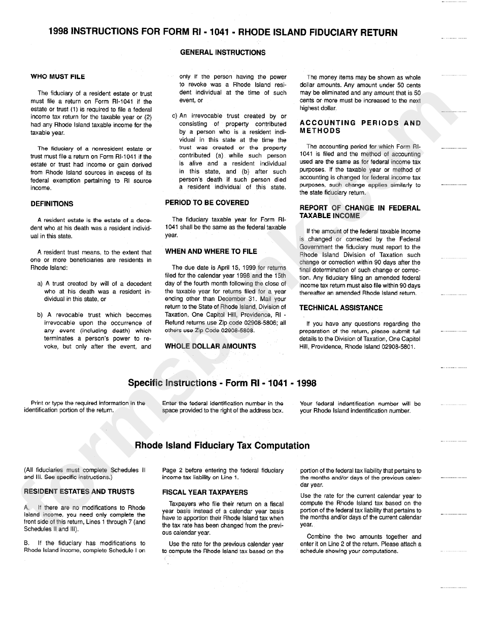 Instructions For Form Ri-1041 - Rhode Island Fiduciary Return - 1998