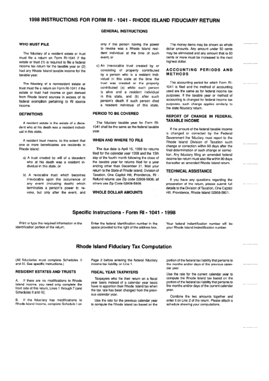 Instructions For Form Ri-1041 - Rhode Island Fiduciary Return - 1998 Printable pdf