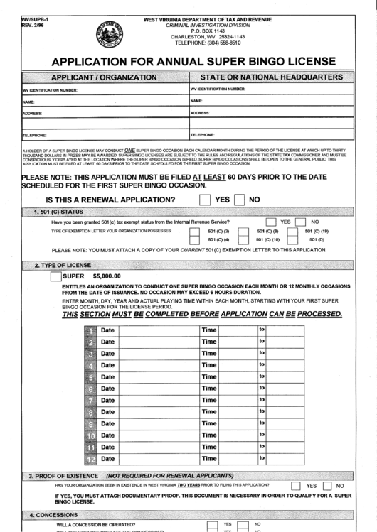 Form Wv/supb-1 - Application For Annual Super Bingo License - 1996 Printable pdf