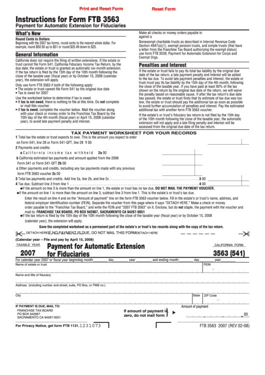 Fillable California Form 3563 (541) - Payment For Automatic Extension For Fiduciaries - 2007 Printable pdf