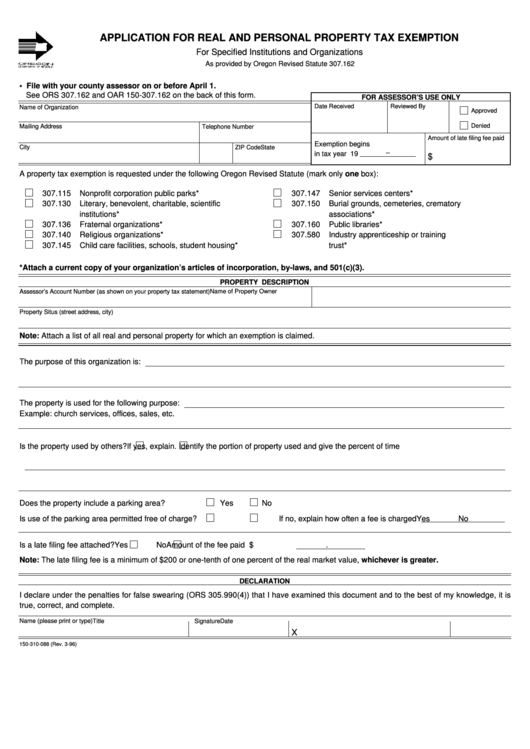 Fillable Form 150-310-088 - Application For Real And Personal Property Tax Exemption - 1996 Printable pdf