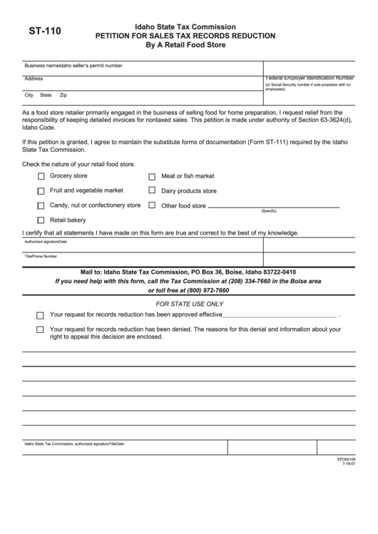 Fillable Form St-110 - Petition For Sales Tax Records Reduction - Idaho State Tax Commission Printable pdf