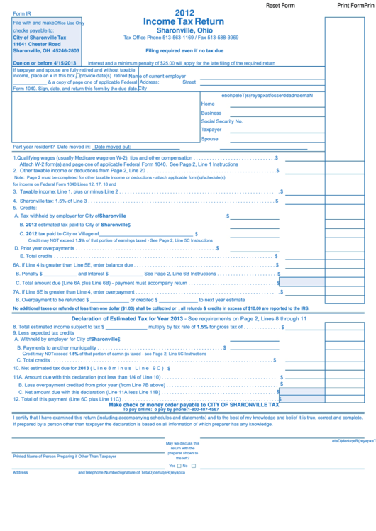Fillable Form Ir - Income Tax Return - City Of Sharonville - 2012 Printable pdf