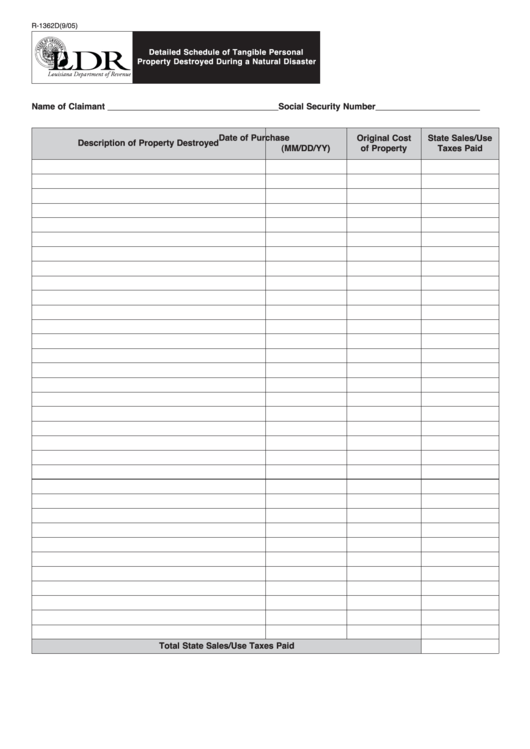 Fillable Form R-1362d - Detailed Schedule Of Tangible Personal Property Destroyed During A Natural Disaster Printable pdf