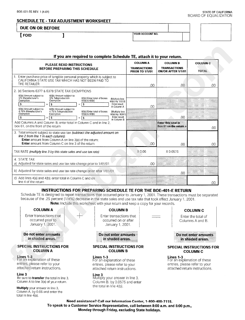 Form Boe-531-Te - Schedule Te - Tax Adjustment Worksheet - California Board Of Equalization