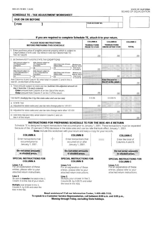 Form Boe-531-Te - Schedule Te - Tax Adjustment Worksheet - California Board Of Equalization Printable pdf