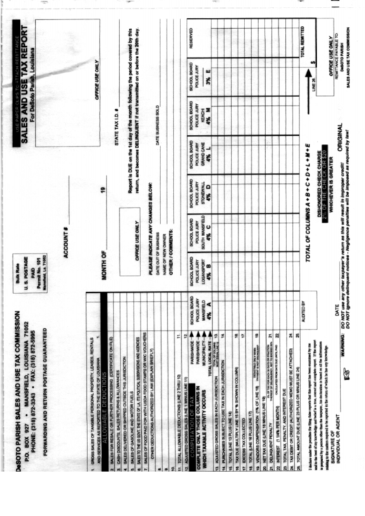 Sales And Use Tax Report - Desoto Parish Printable pdf
