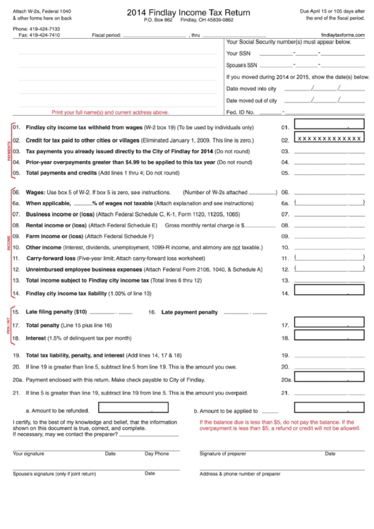 Fillable Findlay Income Tax Return - 2014 Printable pdf
