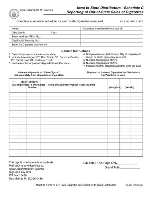 Form 70-050 - Schedule C - Reporting Of Out-Of-State Sales Of Cigarettes Printable pdf