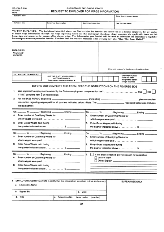 Form Uc-425n - Request To Employer For Wage Information - Ohio Bureau Of Employment Services Printable pdf