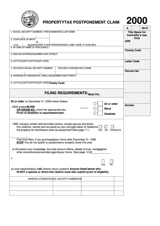 Property Tax Postponement Claim - California State Controller - 2000 Printable pdf
