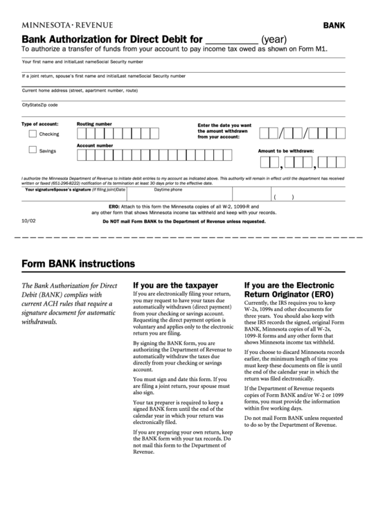 Bank Authorization For Direct Debit - Minnesota Department Of Revenue Printable pdf