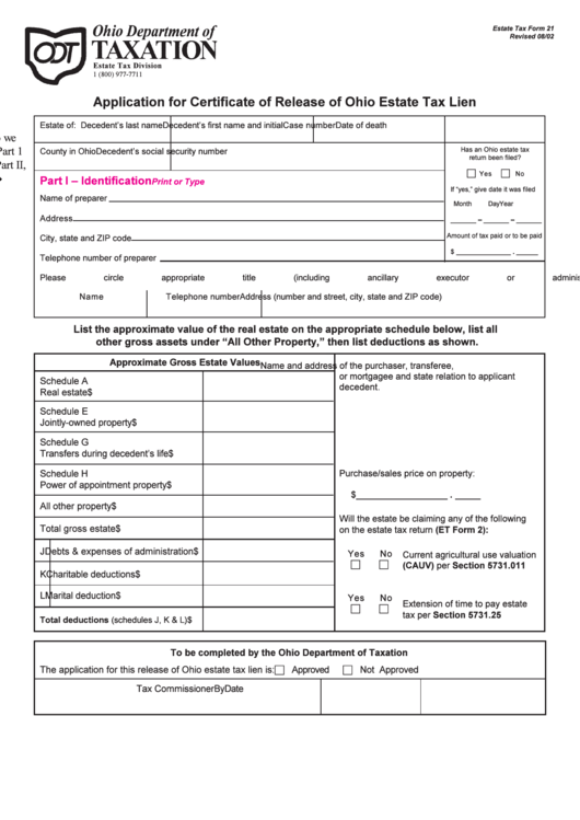 Estate Tax Form 21 - Application For Certificate Of Release Of Ohio Estate Tax Lien Printable pdf
