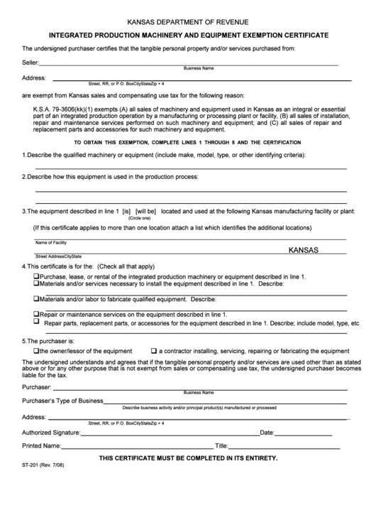 Form St-201 - Integrated Production Machinery And Equipment Exemption - Kansas Department Of Revenue Printable pdf