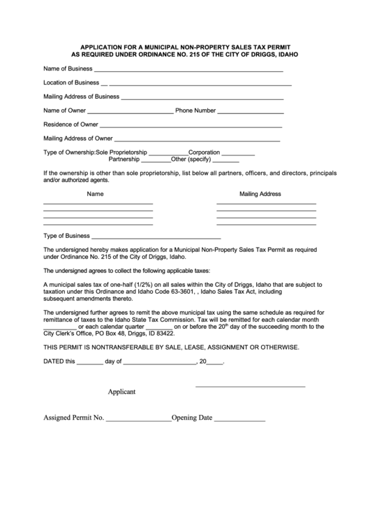 Application For A Municipal Non-Property Sales Tax Permit - City Of Driggs Printable pdf