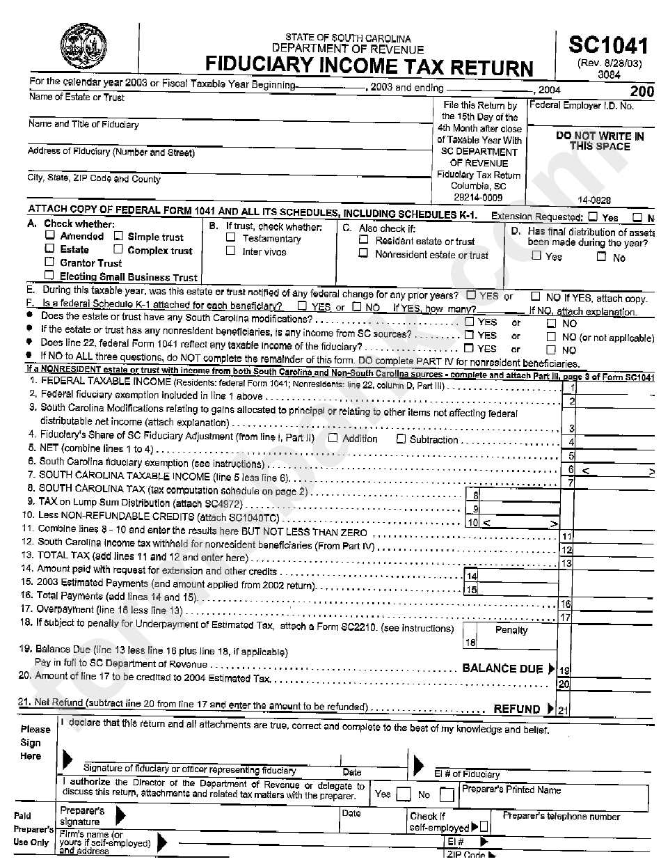 Form Sc1041 - Fiduciary Income Tax Return