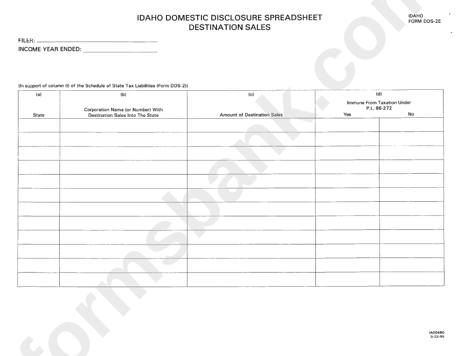 Form Dds-2e - Idaho Domestic Disclosure Spreadsheet - Destination Sales