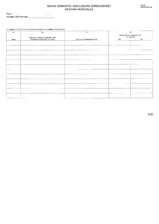 Form Dds-2e - Idaho Domestic Disclosure Spreadsheet - Destination Sales Printable pdf